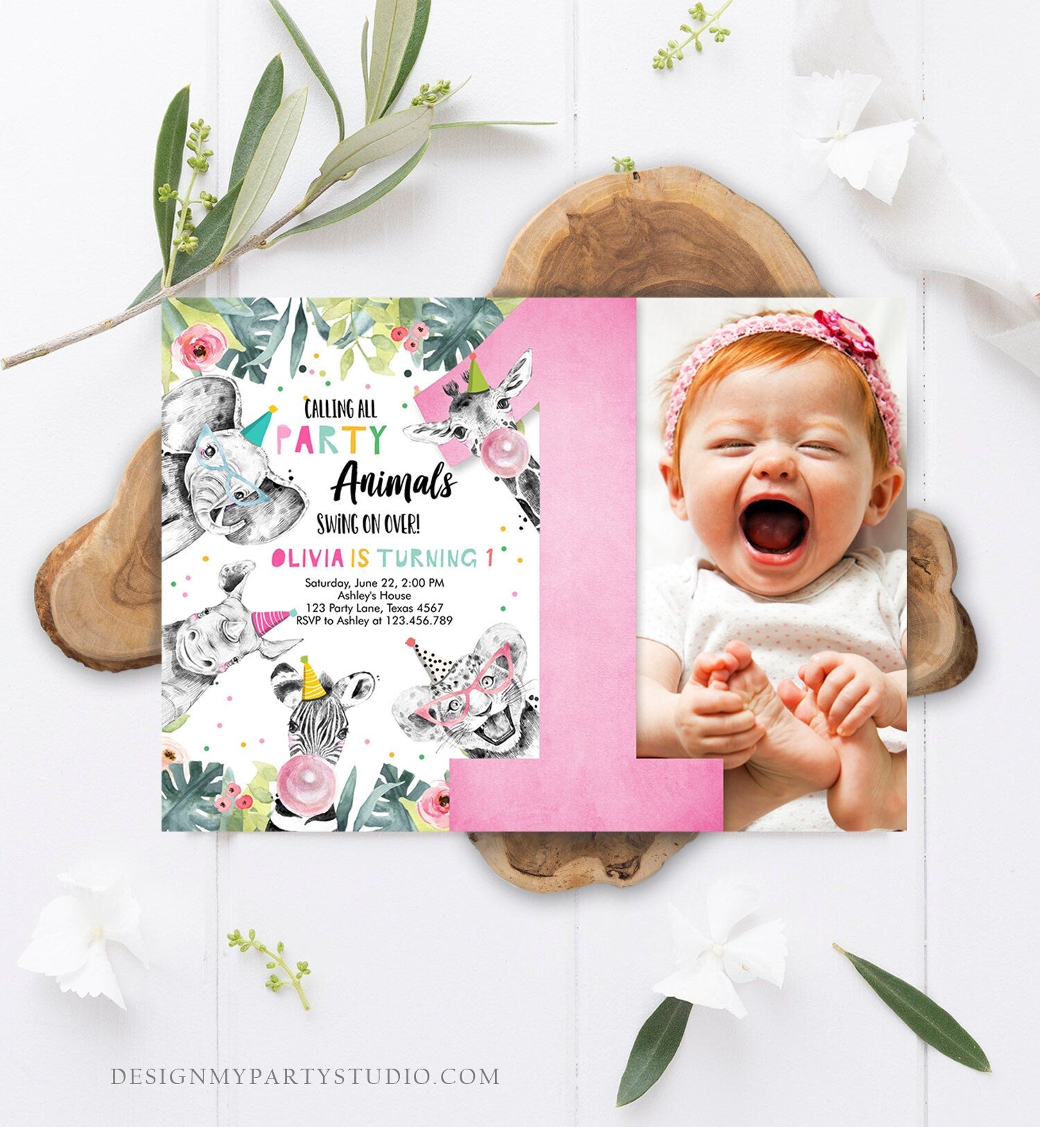 Editable Party Animals Birthday Invitation Wild One Animals Wild Safari Animals Girl Digital Download Evite Template Printable 0322