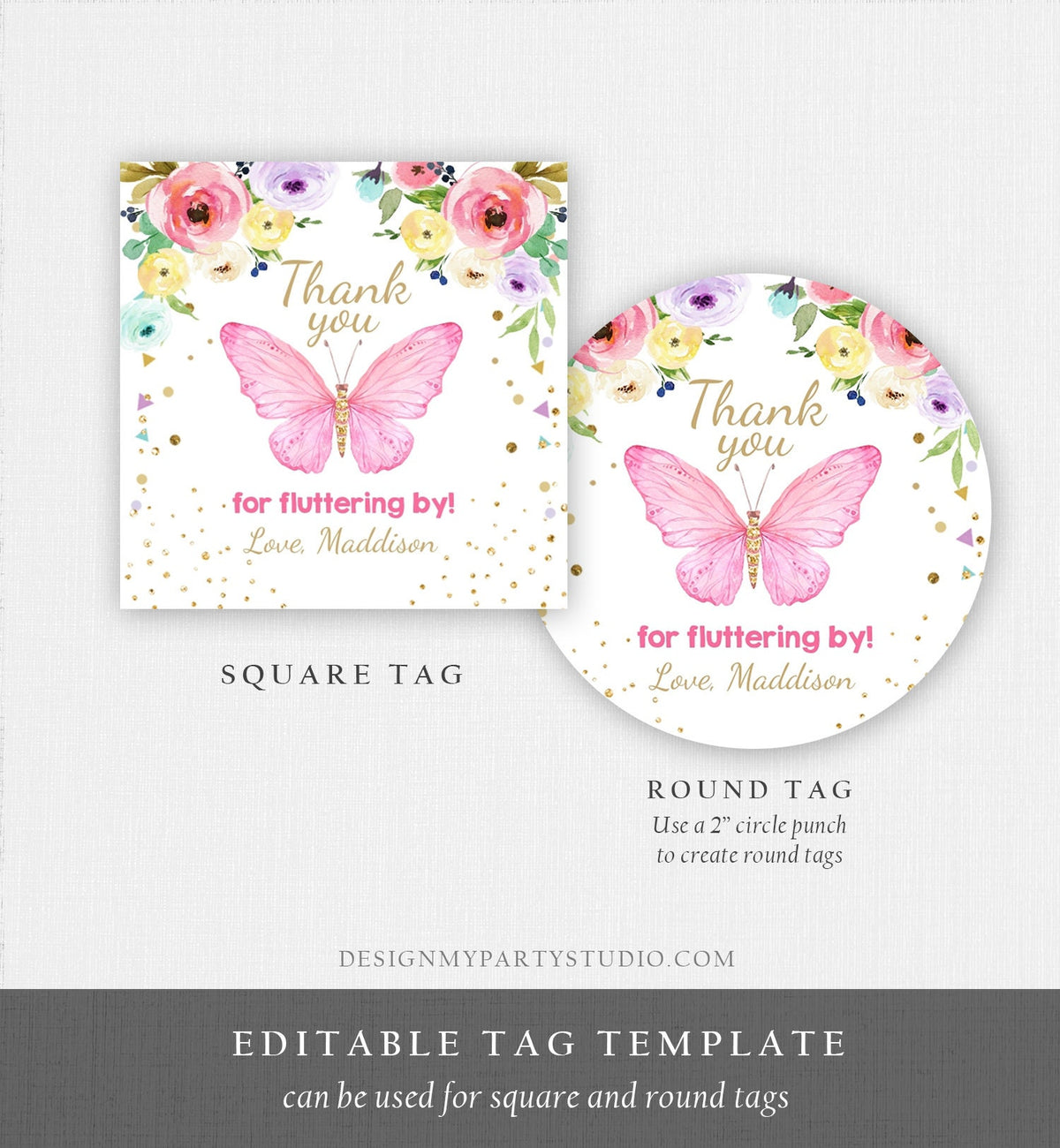 Editable Butterfly Favor Tags Butterfly Birthday Thank you tags Garden Shower Pink Gold Girl Fluttering By Digital Template Printable 0162
