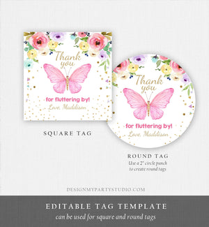 Editable Butterfly Favor Tags Butterfly Birthday Thank you tags Garden Shower Pink Gold Girl Fluttering By Floral Template PRINTABLE 0162