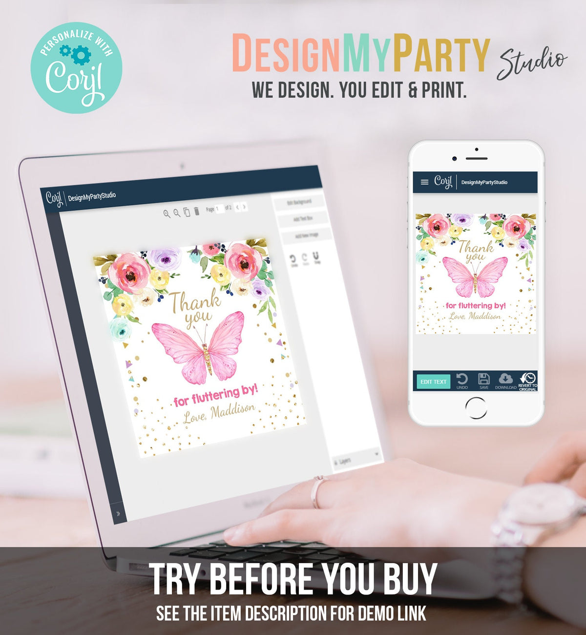 Editable Butterfly Favor Tags Butterfly Birthday Thank you tags Garden Shower Pink Gold Girl Fluttering By Digital Template Printable 0162