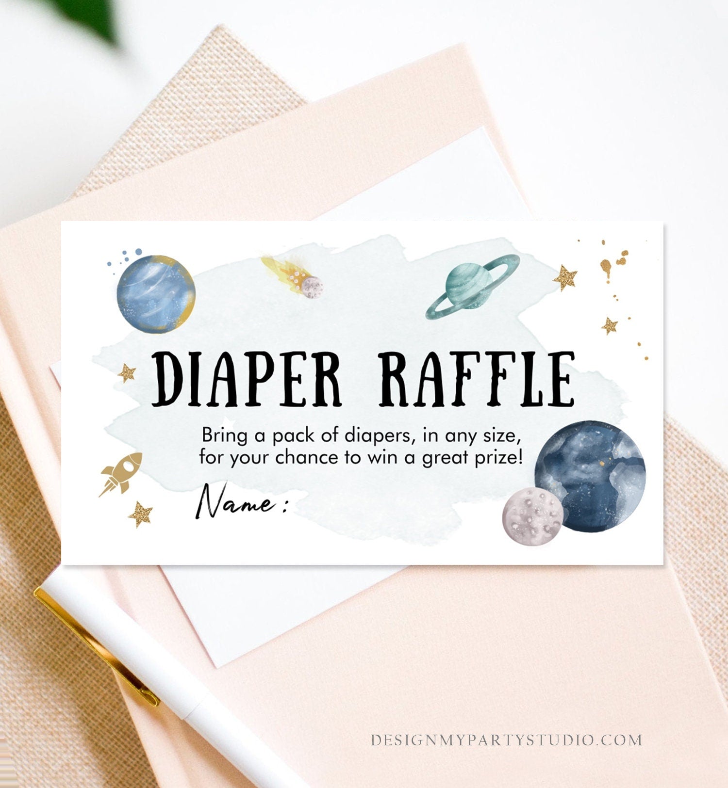 Editable Outer Space Diaper Raffle Ticket Space Baby Shower Astronaut Planets Galaxy Registry Card Diaper Game Template PRINTABLE Corjl 0357