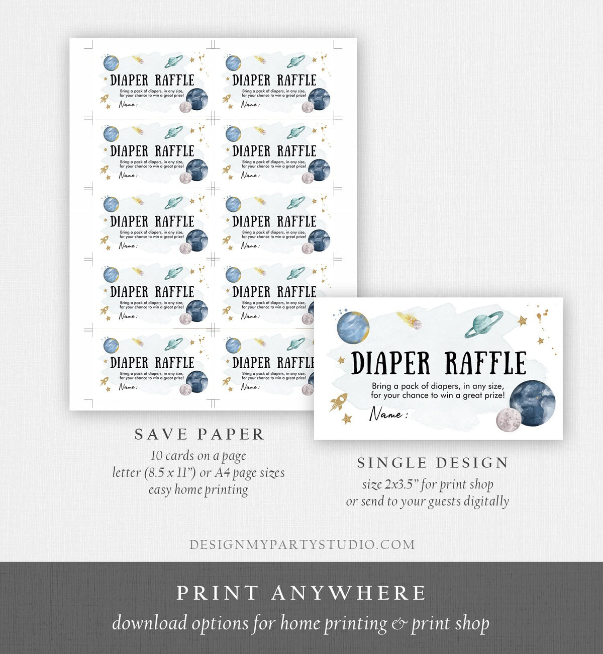 Editable Outer Space Diaper Raffle Ticket Space Baby Shower Astronaut Planets Galaxy Registry Card Diaper Game Template PRINTABLE Corjl 0357