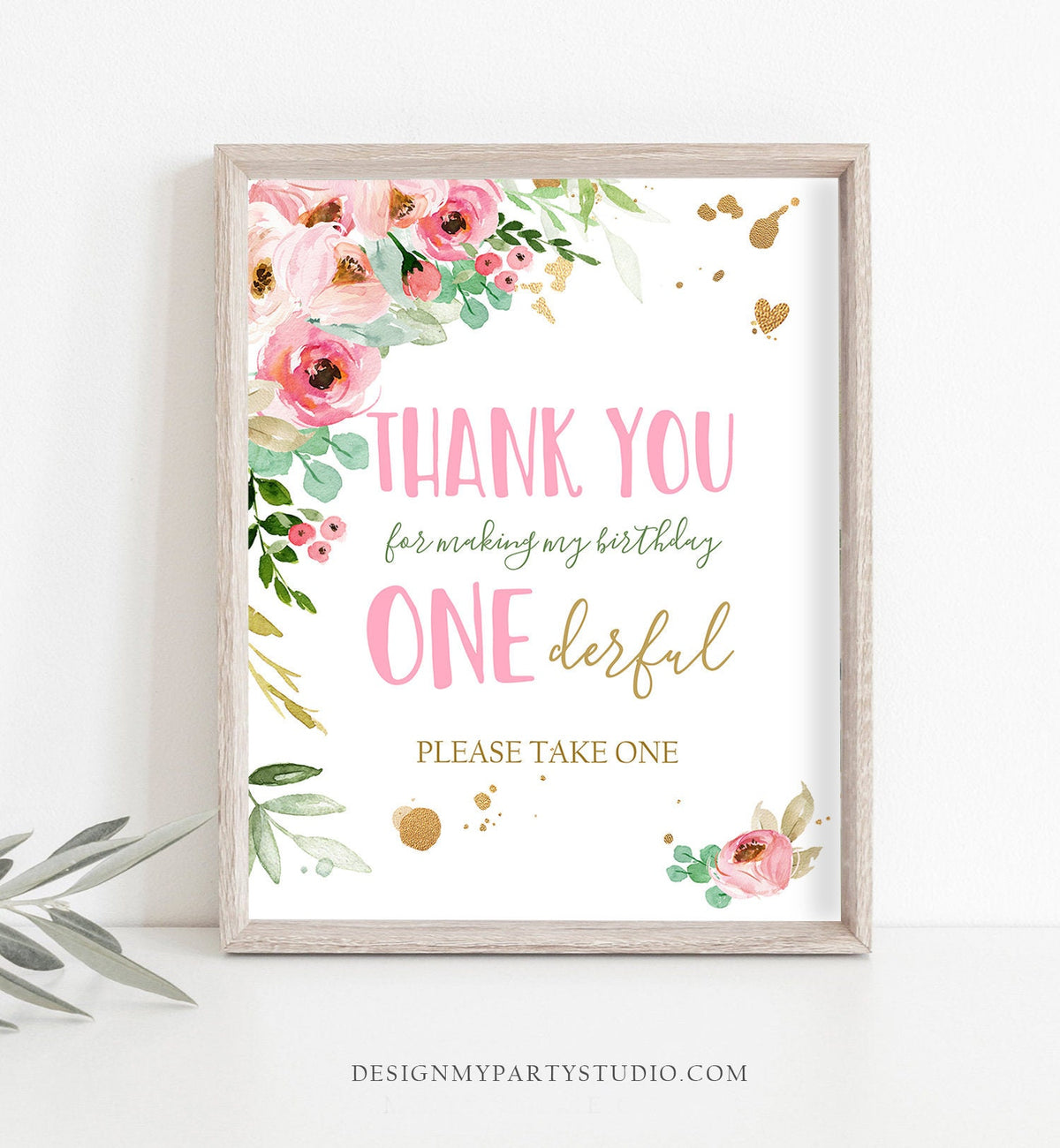 Thank you Sign Miss Onederful Birthday Party Flowers Blush Pink Gold Peonies Favors Table Sign Decorations Instant Download PRINTABLE 0147