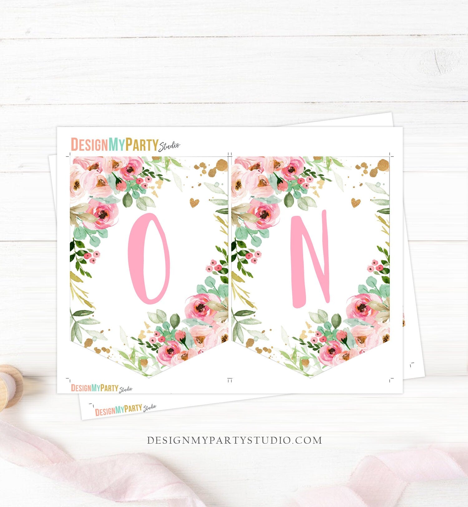Little Miss Onederful High Chair Banner Pink Floral 1st Girl First Birthday Flowers Gold Pastel ONE Party Decor Digital Printable 0147