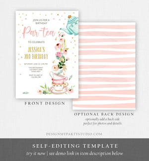 Editable Tea Birthday Invitation Girl Par-Tea Invite Virtual Tea Party Pink Gold Floral Peach Download Printable Template Corjl Digital 0349