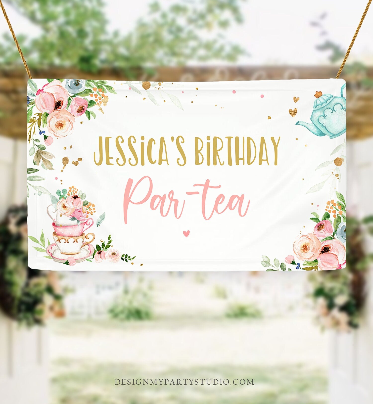 Editable Tea Birthday Backdrop Tea for Two Birthday Girl Pink Gold Floral Tea Party Par-tea Whimsical Tea Corjl Template Printable 0349