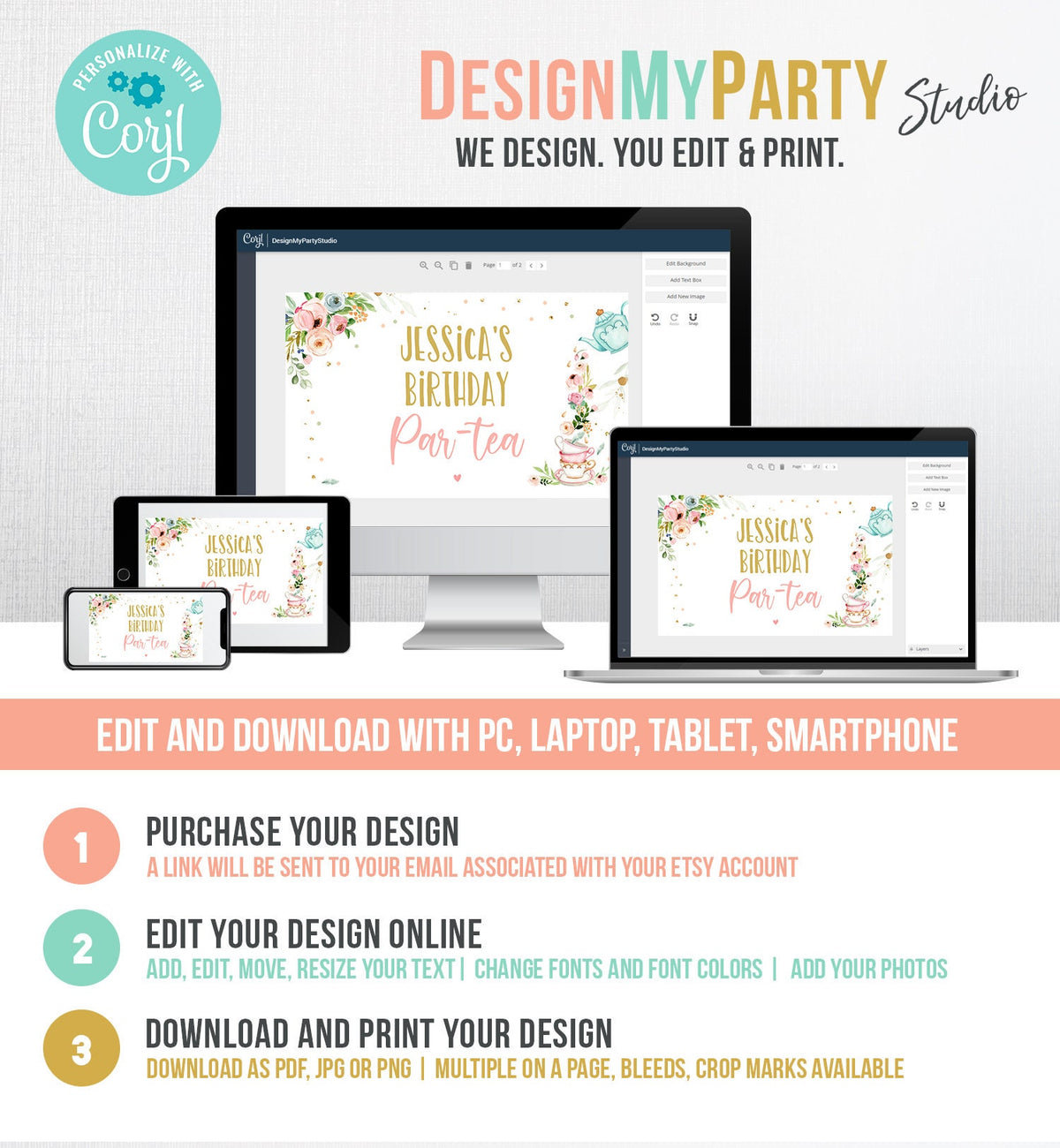 Editable Tea Birthday Backdrop Tea for Two Birthday Girl Pink Gold Floral Tea Party Par-tea Whimsical Tea Digital Template Printable 0349