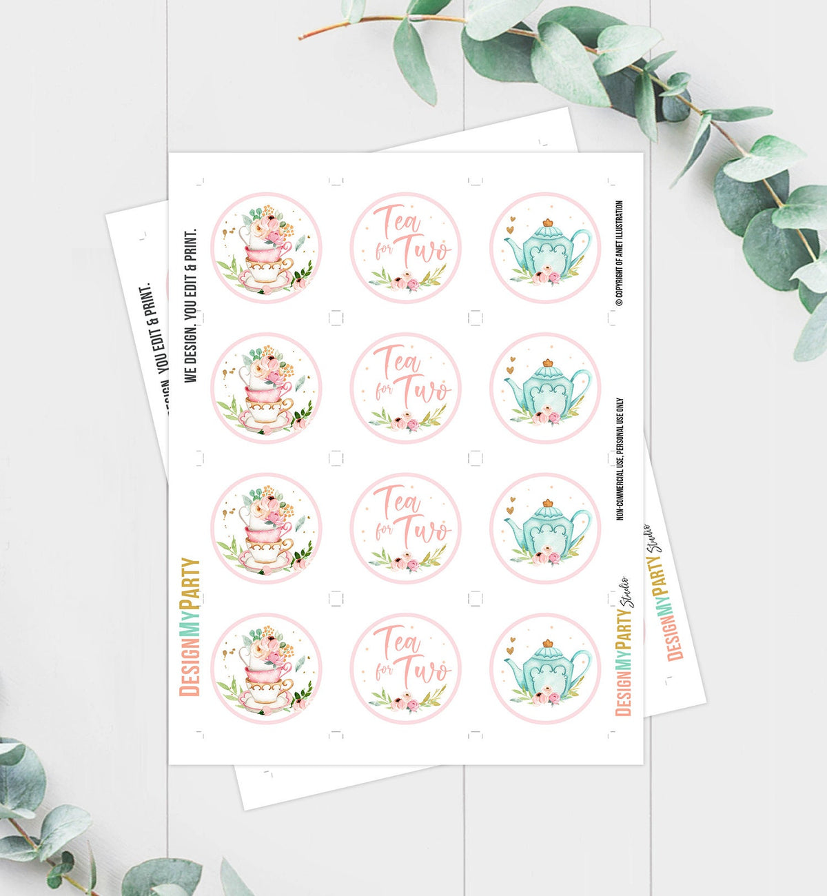 Tea Party Cupcake Toppers Tea Birthday Cupcake Toppers Favor Tag Girl Tea For Two Whimsical Floral Pink Gold Download Digital Printable 0349