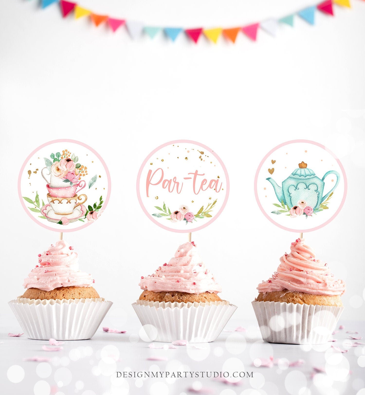 Tea Party Cupcake Toppers Tea Birthday Cupcake Toppers Favor Tag Girl Tea For Two Whimsical Floral Pink Gold Download Digital Printable 0349