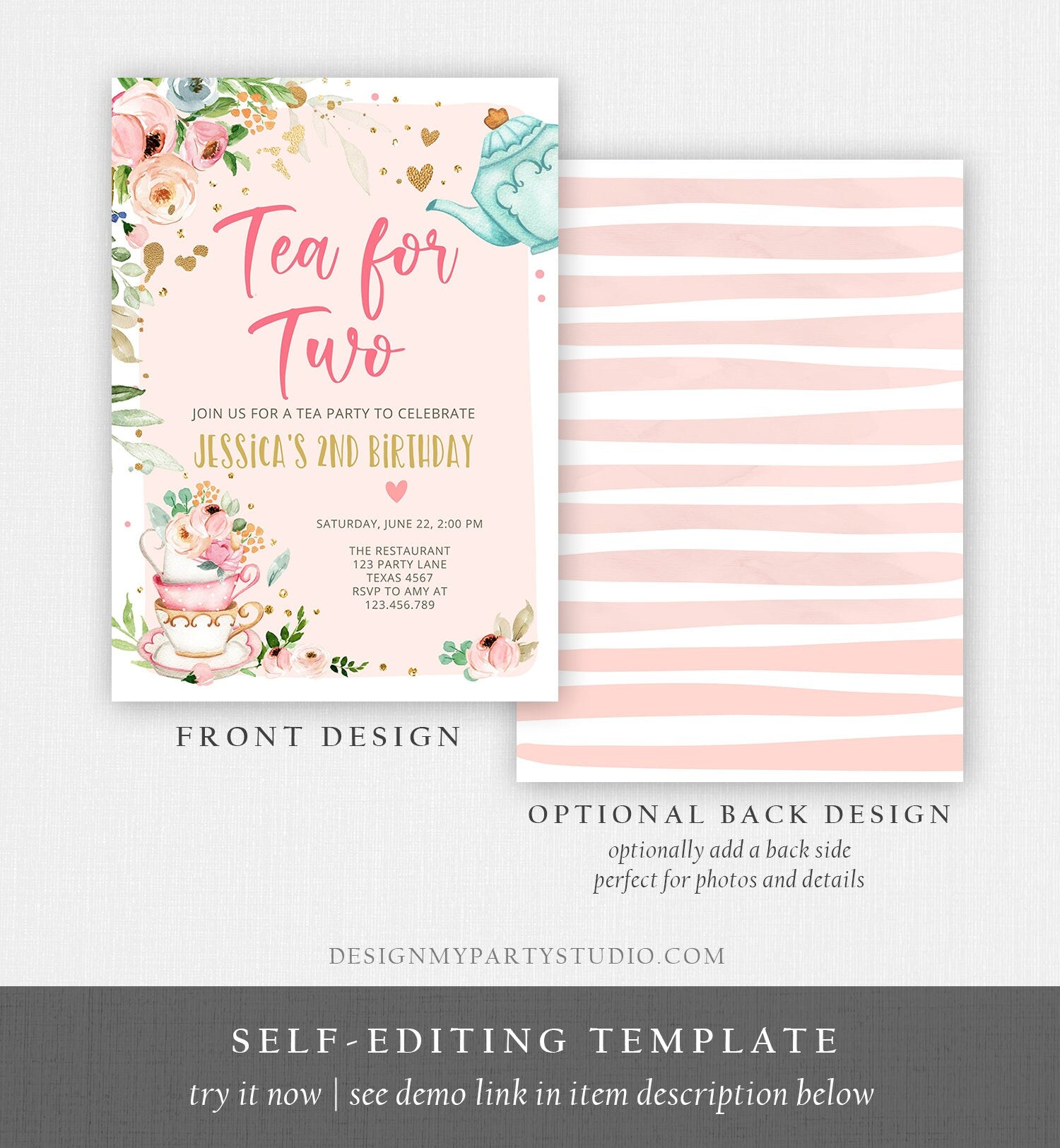 Editable Tea for Two Birthday Invitation Girl Tea Party Invite Pink Gold Floral Peach Pink Digital Download Evite Template Printable 0349