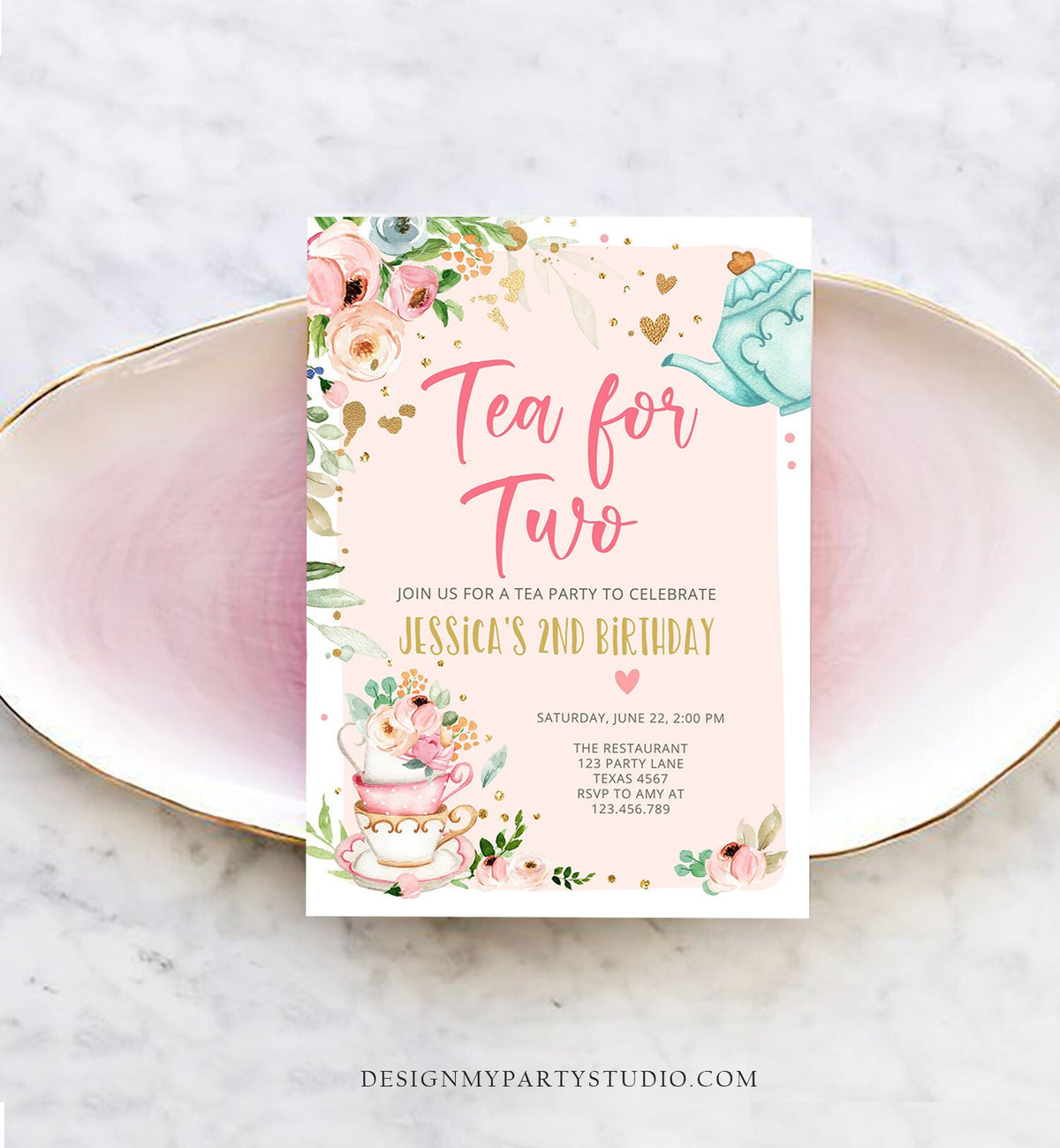 Editable Tea for Two Birthday Invitation Girl Tea Party Invite Pink Gold Floral Peach Pink Digital Download Evite Template Printable 0349