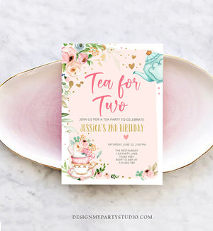 Editable Tea for Two Birthday Invitation Girl Tea Party Invite Pink Gold Floral Peach Pink Download Printable Template Corjl Digital 0349