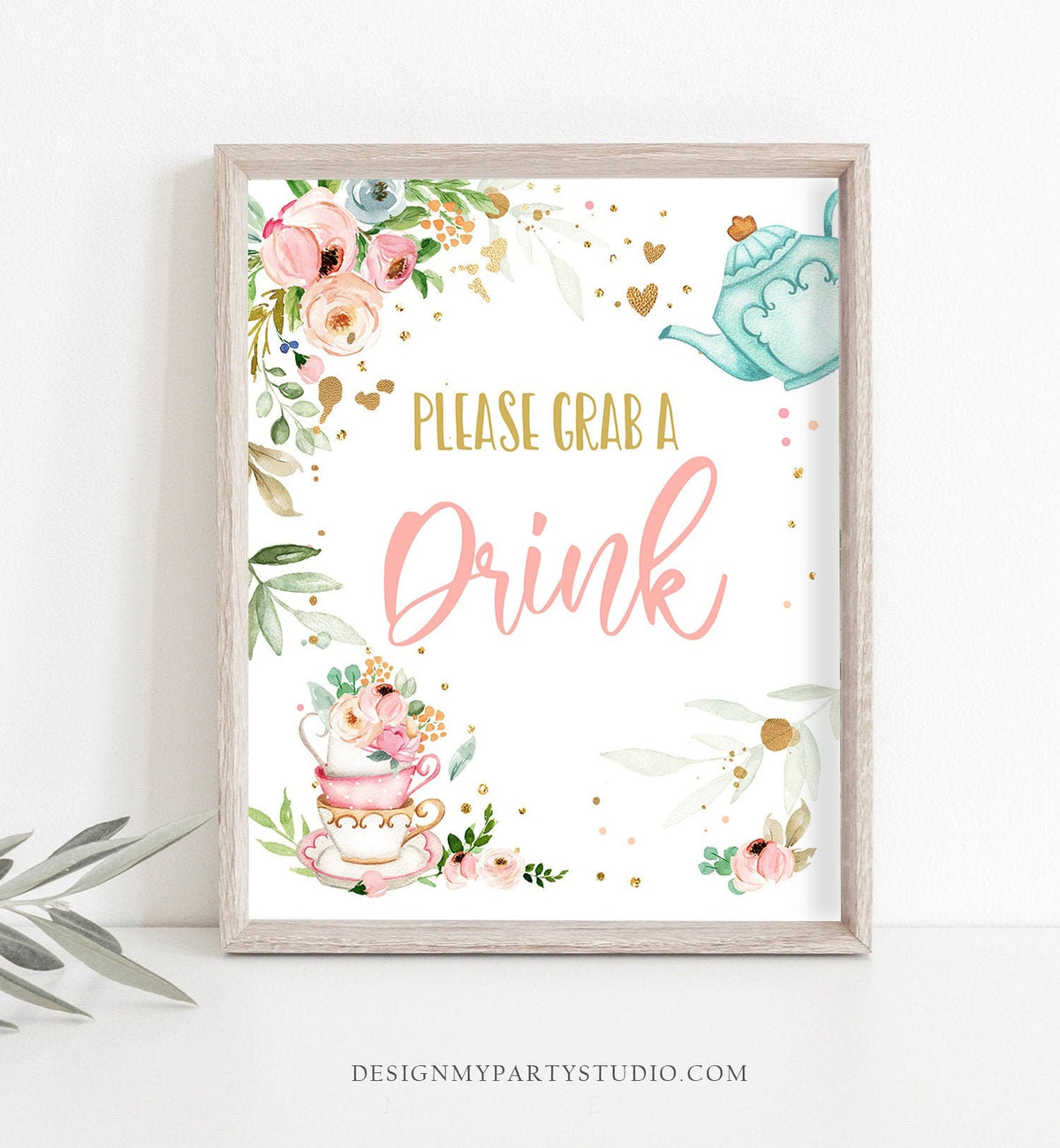 Drinks Tea Party Sign Par-tea Birthday Sign Pink Gold Floral Tea Birthday Decorations Tea for Two Drink Table Sign Download Printable 0349