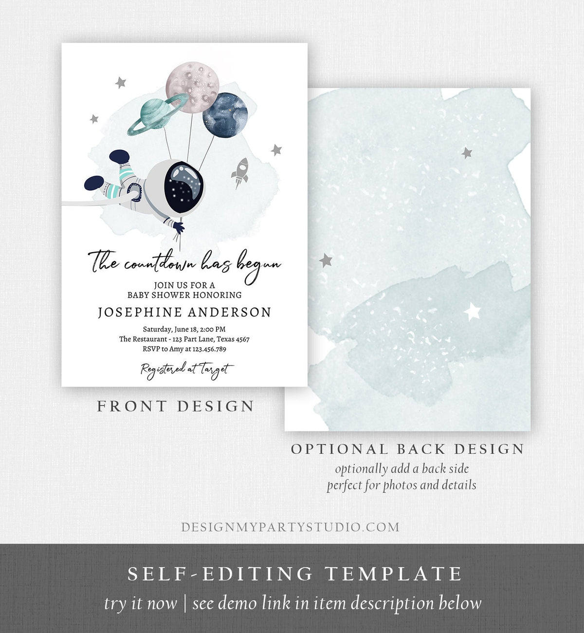 Editable Space Baby Shower Invitation Galaxy Outer Space It&#39;s a Boy Blue Planets Moon Countdown Download Evite Template Printable 0366