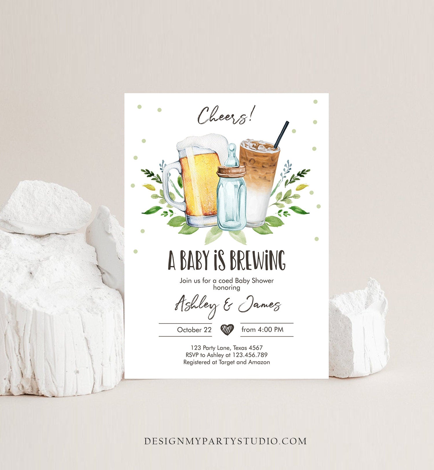Editable A Baby is Brewing Invitation Bottle and Beers Baby Shower Coed Couples Cold Brew Coffee Download Printable Template Corjl 0190