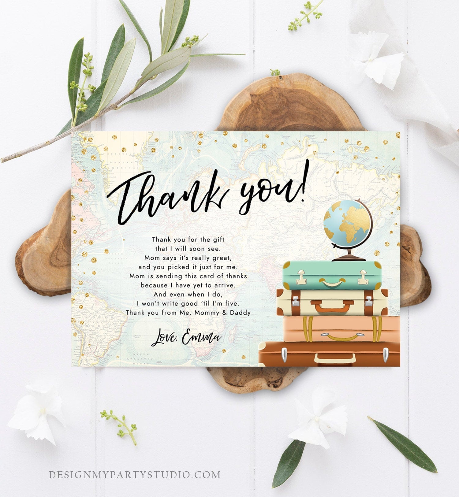 Editable Travel Thank You Card Bridal Shower Thank You Note Adventure Birthday Baby Shower Suitcases Vintage World Map Corjl Template 0263