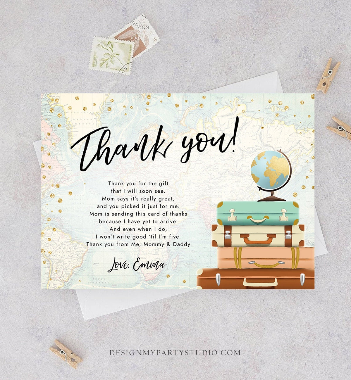 Editable Travel Thank You Card Bridal Shower Thank You Note Adventure Birthday Baby Shower Suitcases Vintage World Map Corjl Template 0263