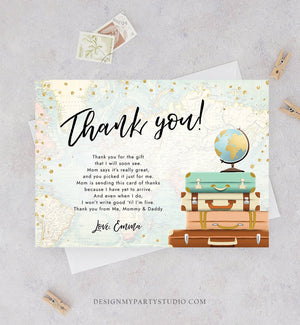 Editable Travel Thank You Card Bridal Shower Thank You Note Adventure Birthday Baby Shower Suitcases Vintage World Map Corjl Template 0263