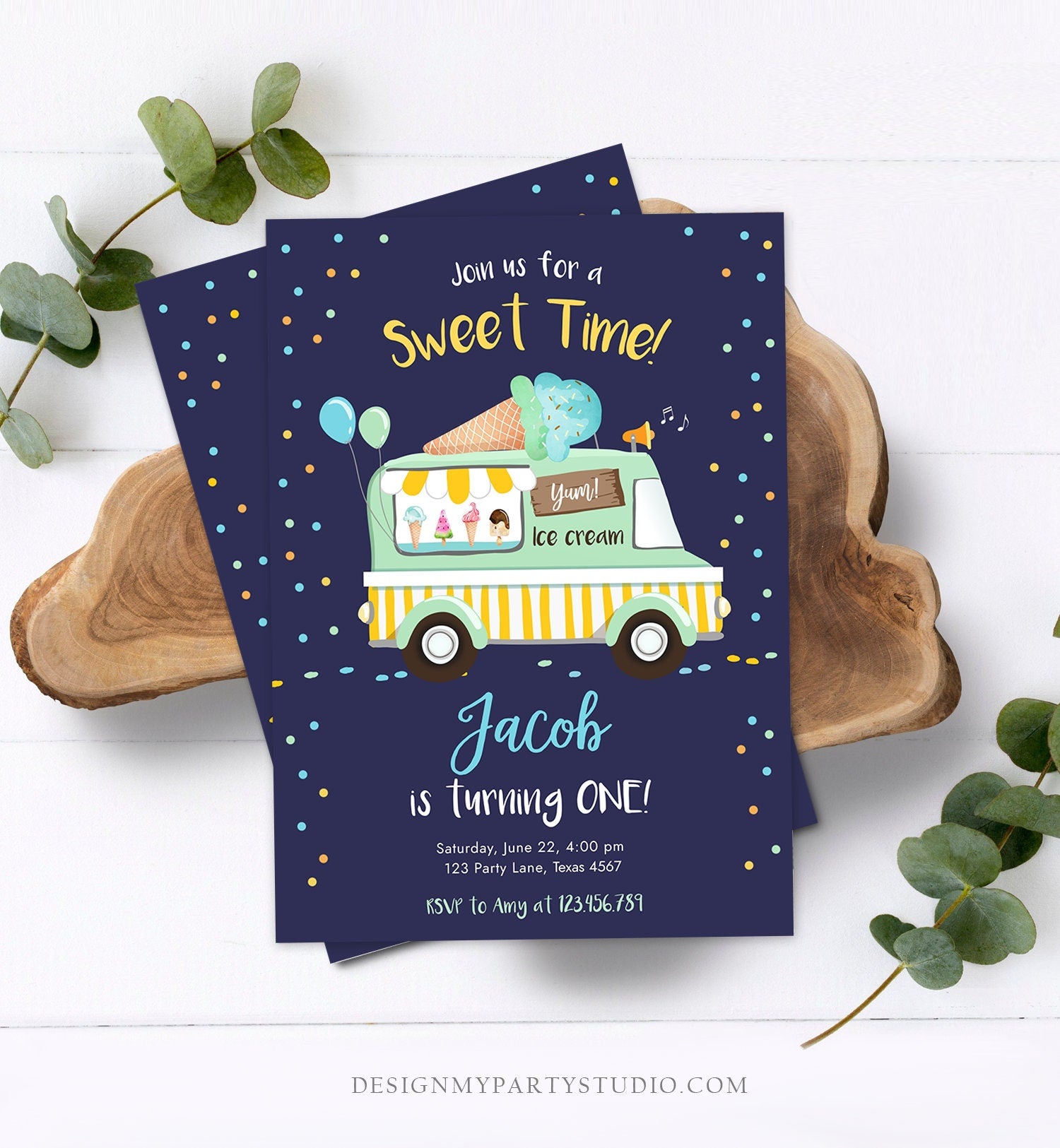 Editable Ice Cream Truck Birthday Invitation Ice Cream Birthday Party Cone Boy Girl Mint Yellow Summer Twin Corjl Template Printable 0243