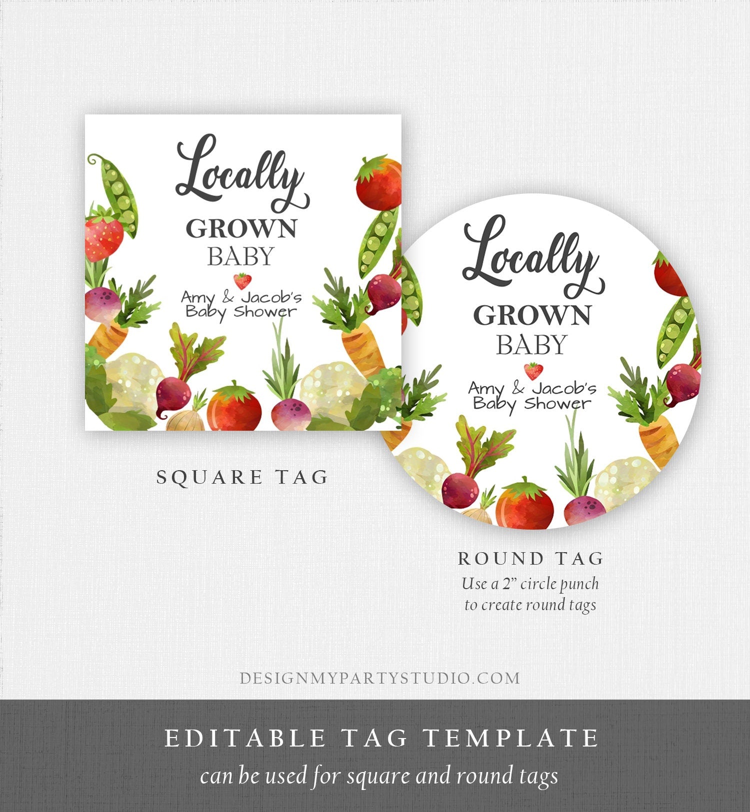 Editable Locally Grown Favor Tag Thank You Tag Birthday Farmers Market Baby Shower Vegetable Veggies Gender Neutral Corjl Template 0144
