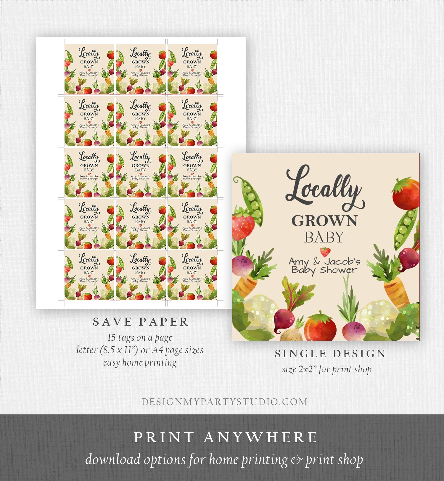 Editable Locally Grown Favor Tag Thank You Tag Birthday Farmers Market Baby Shower Vegetable Veggies Gender Neutral Template Printable 0144