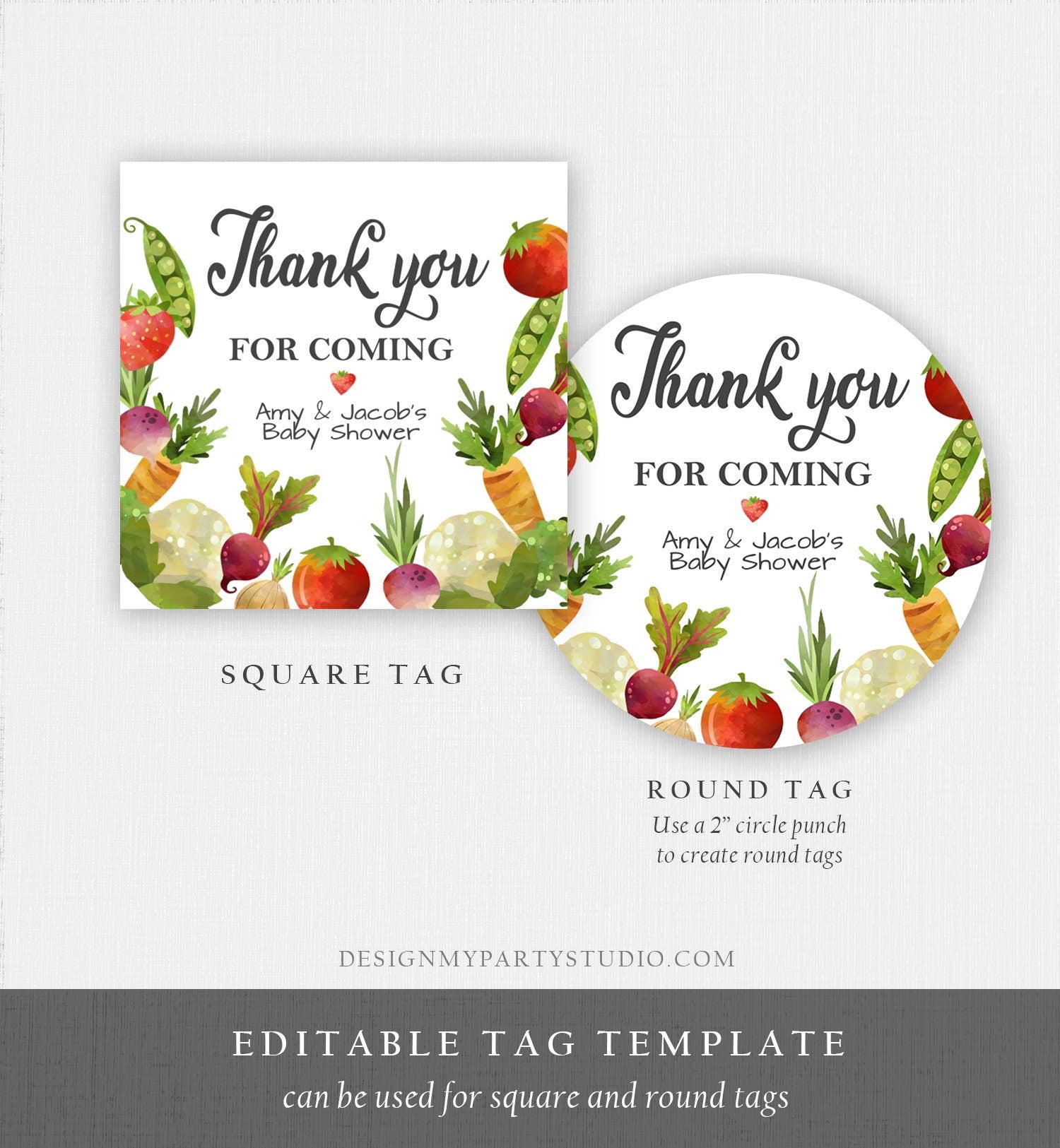 Editable Locally Grown Thank You Tag Birthday Farmers Market Favor Tag Baby Shower Vegetable Veggies Gender Neutral Template Printable 0144