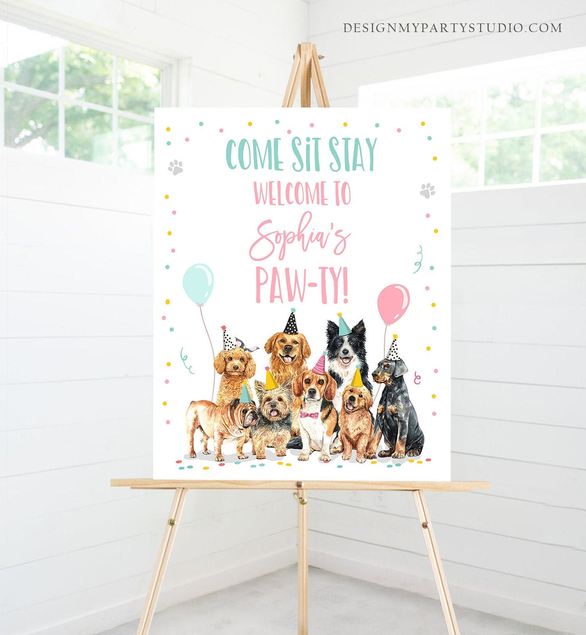 Editable Puppy Dog Birthday Party Welcome Sign Puppy Birthday Pink Pet Dog Birthday Come Sit Stay Paw-ty Girl Template Corjl PRINTABLE 0384