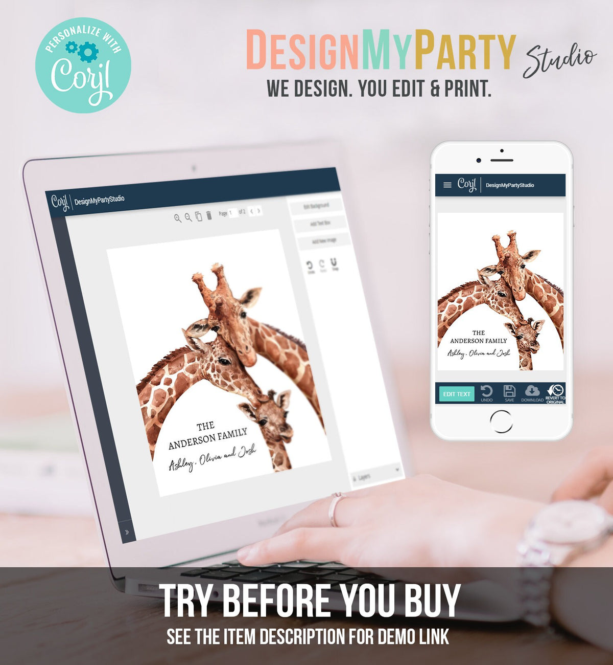 Editable Giraffe Family Nursery Print Personalized Bew Born Gift Giraffe Print Wall Decor Safari Download Digital Printable Corjl Template