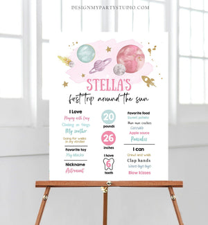 Editable Outer Space Birthday Milestones Sign First Trip Around the Sun Girl 1st Birthday Space Galaxy Planets Template Printable Corjl 0357