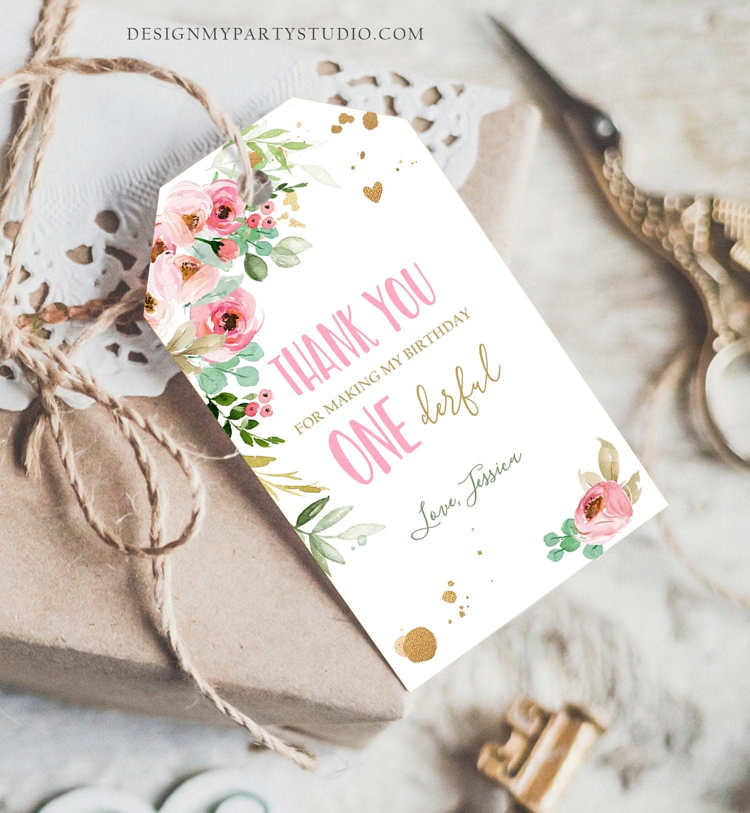 Editable Floral Favor Tag Little Miss Onederful Birthday Thank You Girl Pink Gold Peonies Flowers Digital Download Template Printable 0147