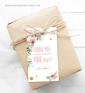 Editable Floral Favor tags Little Miss Onederful Birthday Thank you tag Girl Pink and Gold Peonies Flowers tag template PRINTABLE Corjl 0147