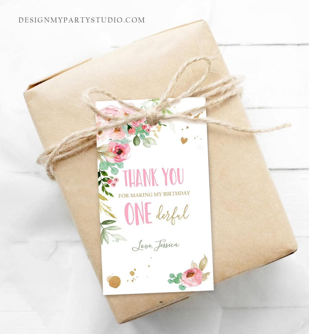 Editable Floral Favor Tag Little Miss Onederful Birthday Thank You Girl Pink Gold Peonies Flowers Digital Download Template Printable 0147