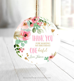 Editable Floral Favor tags Little Miss Onederful Birthday Thank you tag Girl Pink and Gold Peonies Flowers tags PRINTABLE Corjl 0147