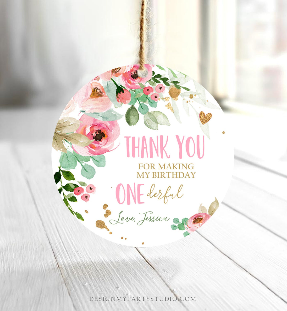 Editable Floral Favor tags Little Miss Onederful Birthday Thank you tag Girl Pink and Gold Peonies Flowers Digital Template Printable 0147