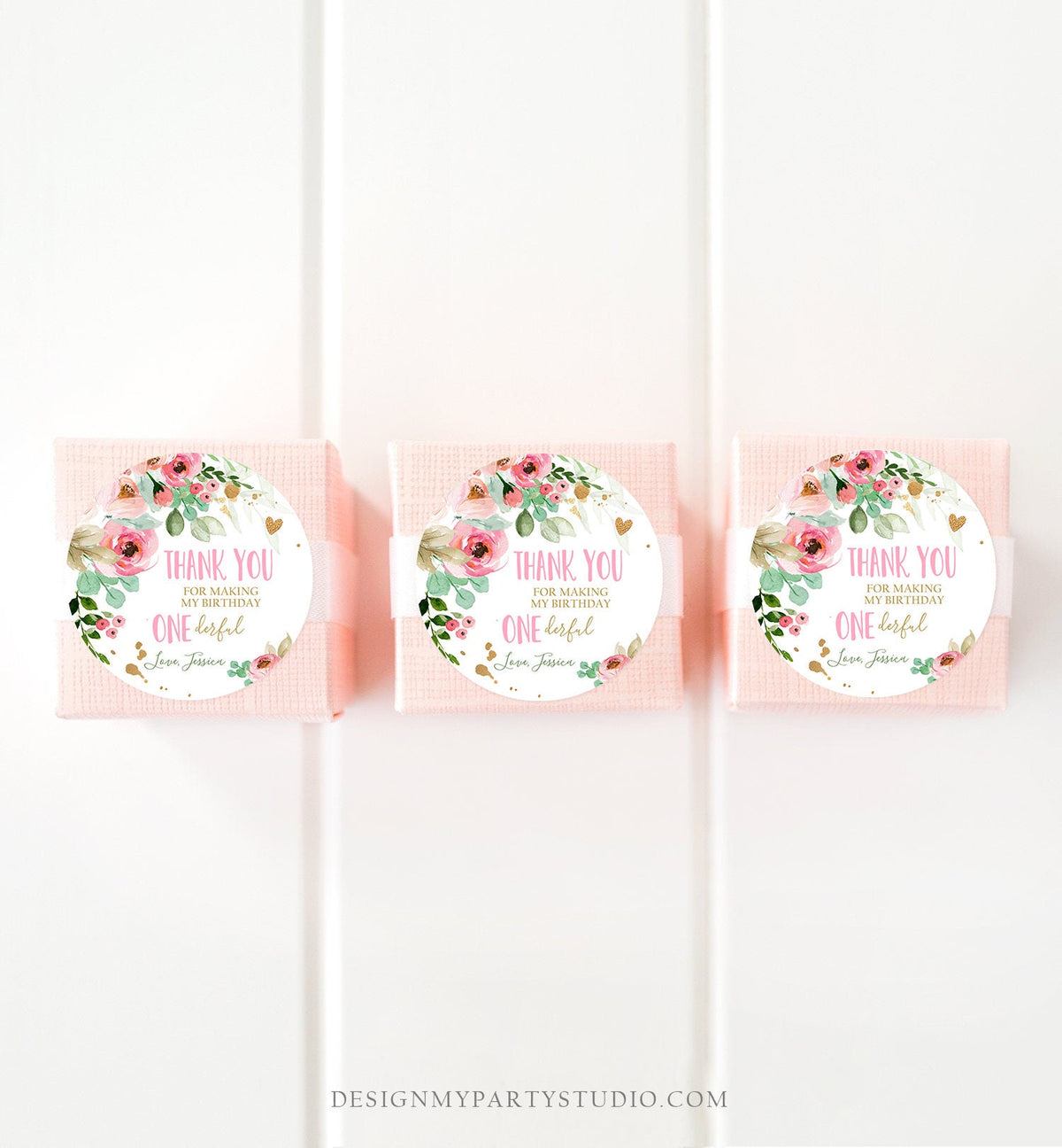 Editable Floral Favor tags Little Miss Onederful Birthday Thank you tag Girl Pink and Gold Peonies Flowers Digital Template Printable 0147