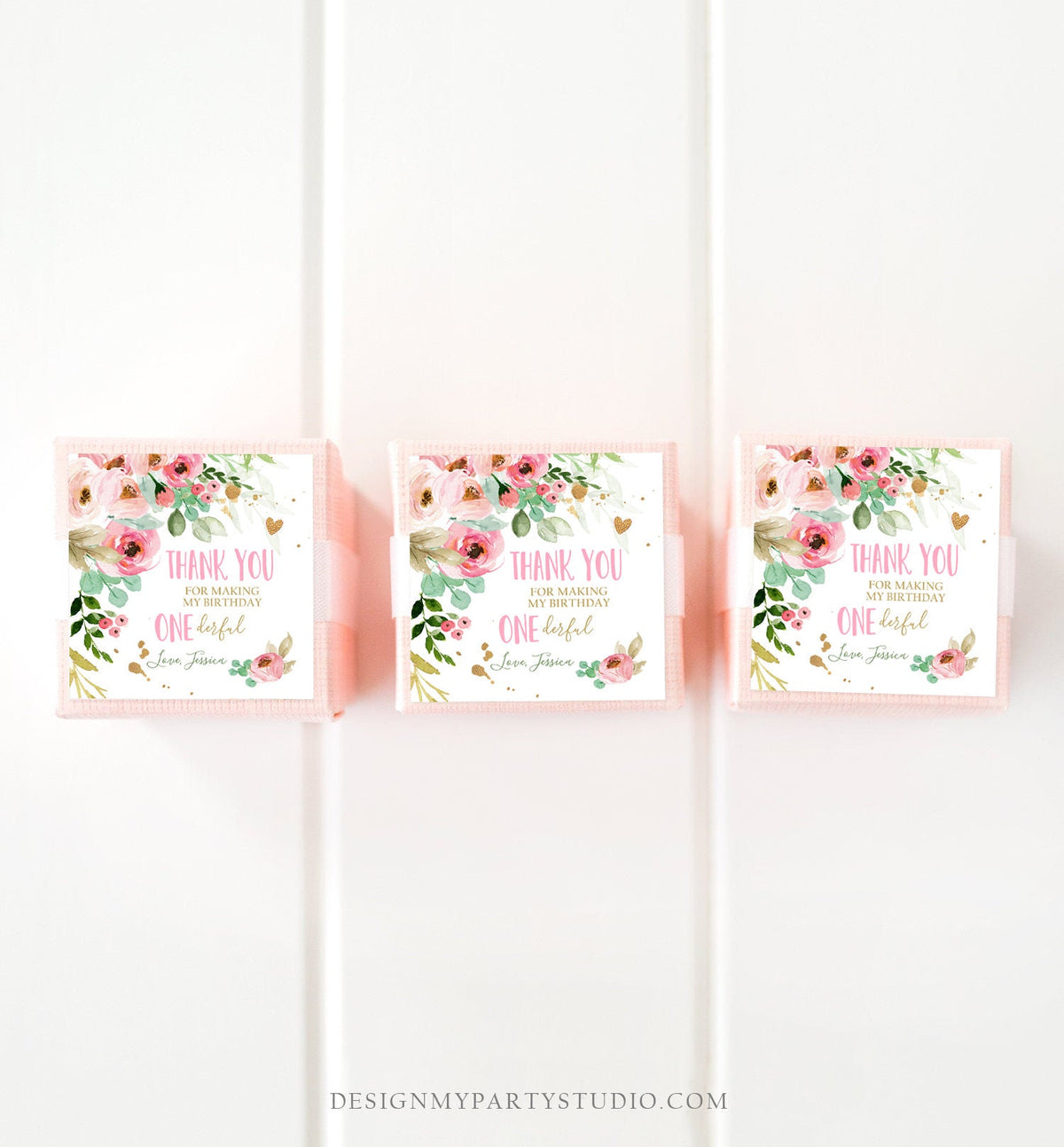 Editable Floral Favor tags Little Miss Onederful Birthday Thank you tag Girl Pink and Gold Peonies Flowers Digital Template Printable 0147