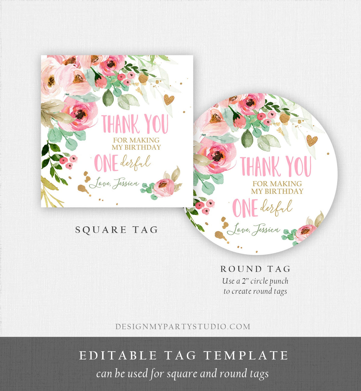 Editable Floral Favor tags Little Miss Onederful Birthday Thank you tag Girl Pink and Gold Peonies Flowers Digital Template Printable 0147