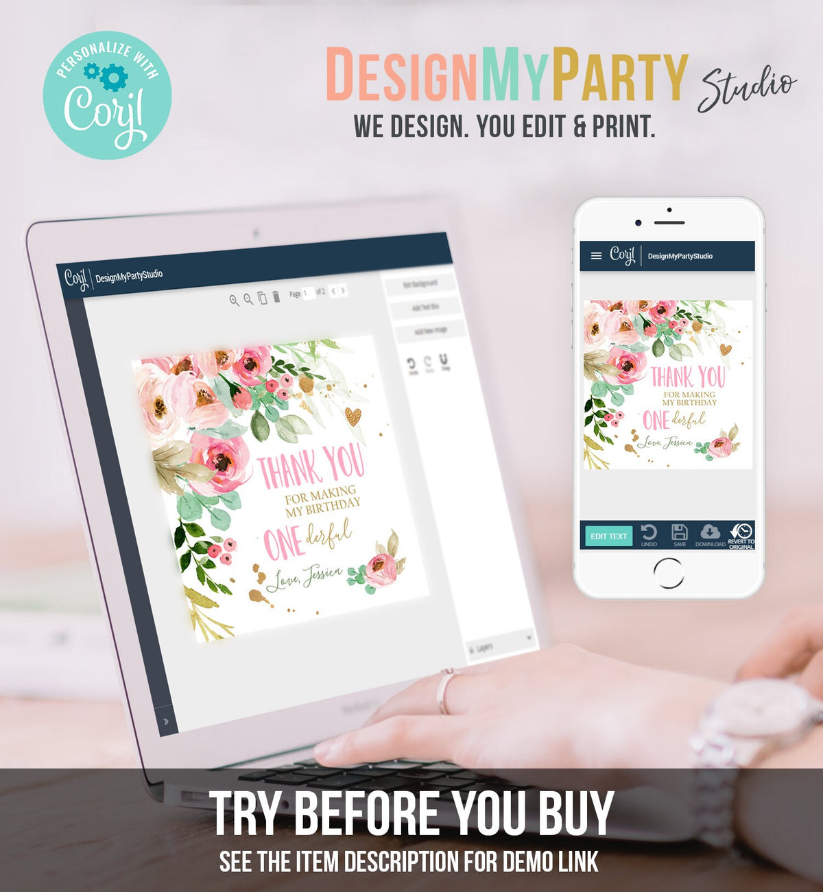 Editable Floral Favor tags Little Miss Onederful Birthday Thank you tag Girl Pink and Gold Peonies Flowers Digital Template Printable 0147