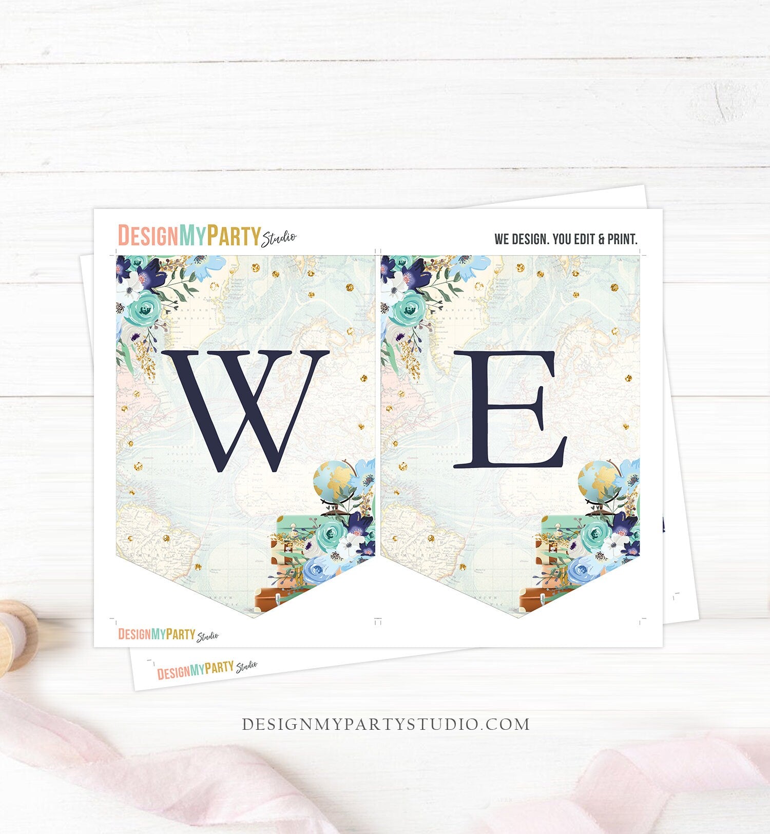 Welcome Baby Banner Baby Shower Adventure Travel Traveling Navy Blue Boy Suitcases The Beginning Instant Digital Download Printable 0030