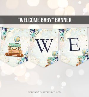 Welcome Baby Banner Baby Shower Adventure Travel Traveling Navy Blue Boy Suitcases The Beginning Instant Digital Download Printable 0030