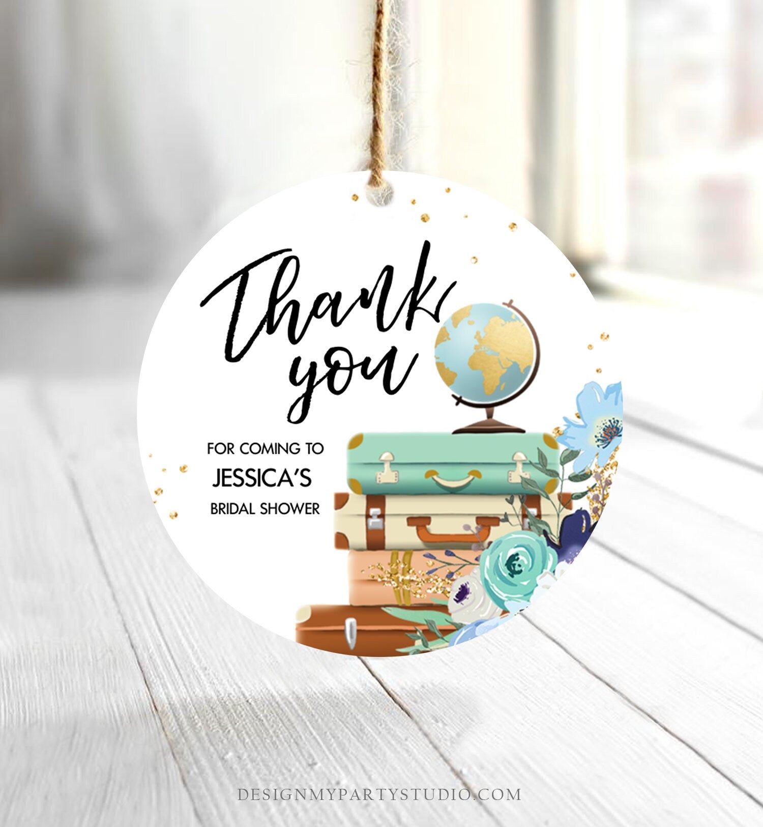 Editable Travel Favor Tag Thank You Gift Tag Adventure Bridal Shower Blue Floral Gold Round Square Stickers Corjl Template Printable 0030