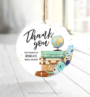 Editable Travel Favor Tag Thank You Gift Tag Adventure Bridal Shower Blue Floral Gold Round Square Stickers Corjl Template Printable 0030