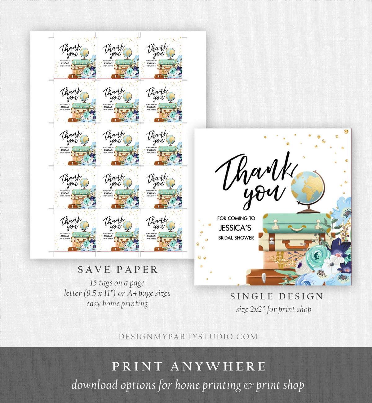 Editable Travel Favor Tag Thank You Gift Tag Adventure Bridal Shower Blue Floral Gold Round Square Stickers Digital Template Printable 0030