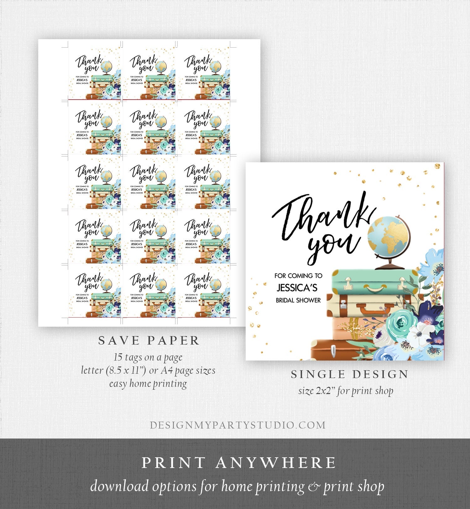 Editable Travel Favor Tag Thank You Gift Tag Adventure Bridal Shower Blue Floral Gold Round Square Stickers Digital Template Printable 0030