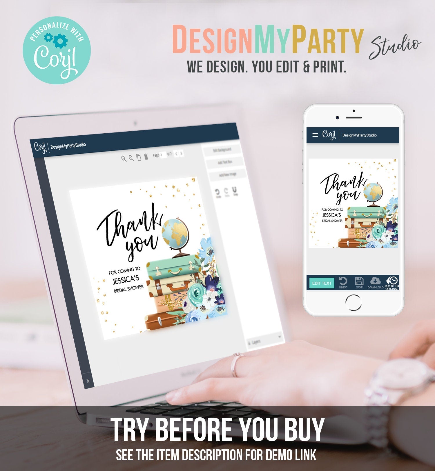 Editable Travel Favor Tag Thank You Gift Tag Adventure Bridal Shower Blue Floral Gold Round Square Stickers Digital Template Printable 0030