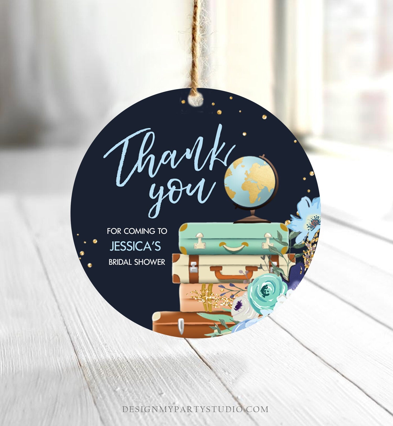 Editable Travel Adventure Favor Tag Thank You Gift Tag Bridal Shower Blue Floral Round Square Stickers Corjl Template Printable 0030