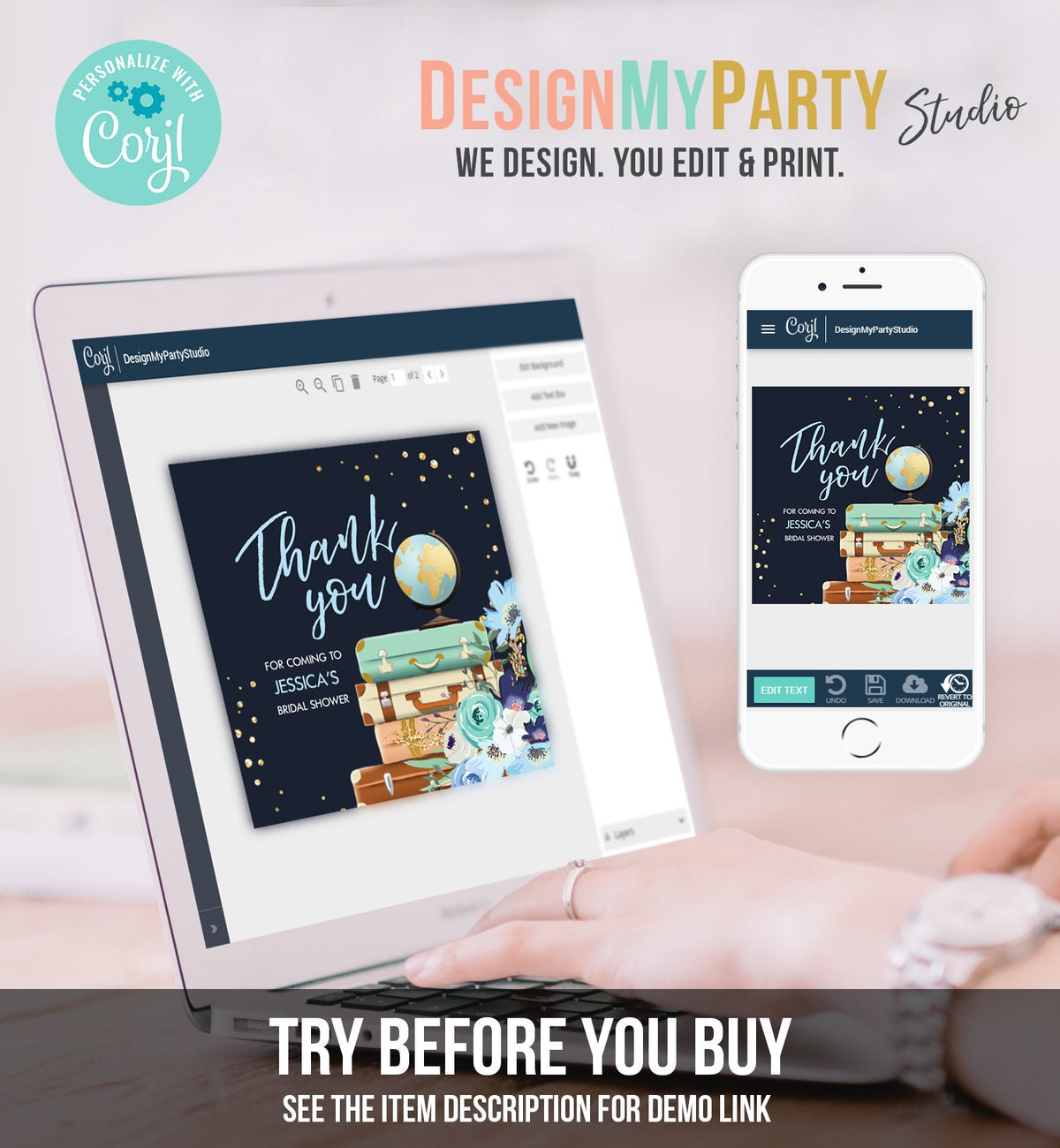 Editable Travel Adventure Favor Tag Thank You Gift Tag Bridal Shower Blue Floral Round Square Stickers Corjl Template Printable 0030