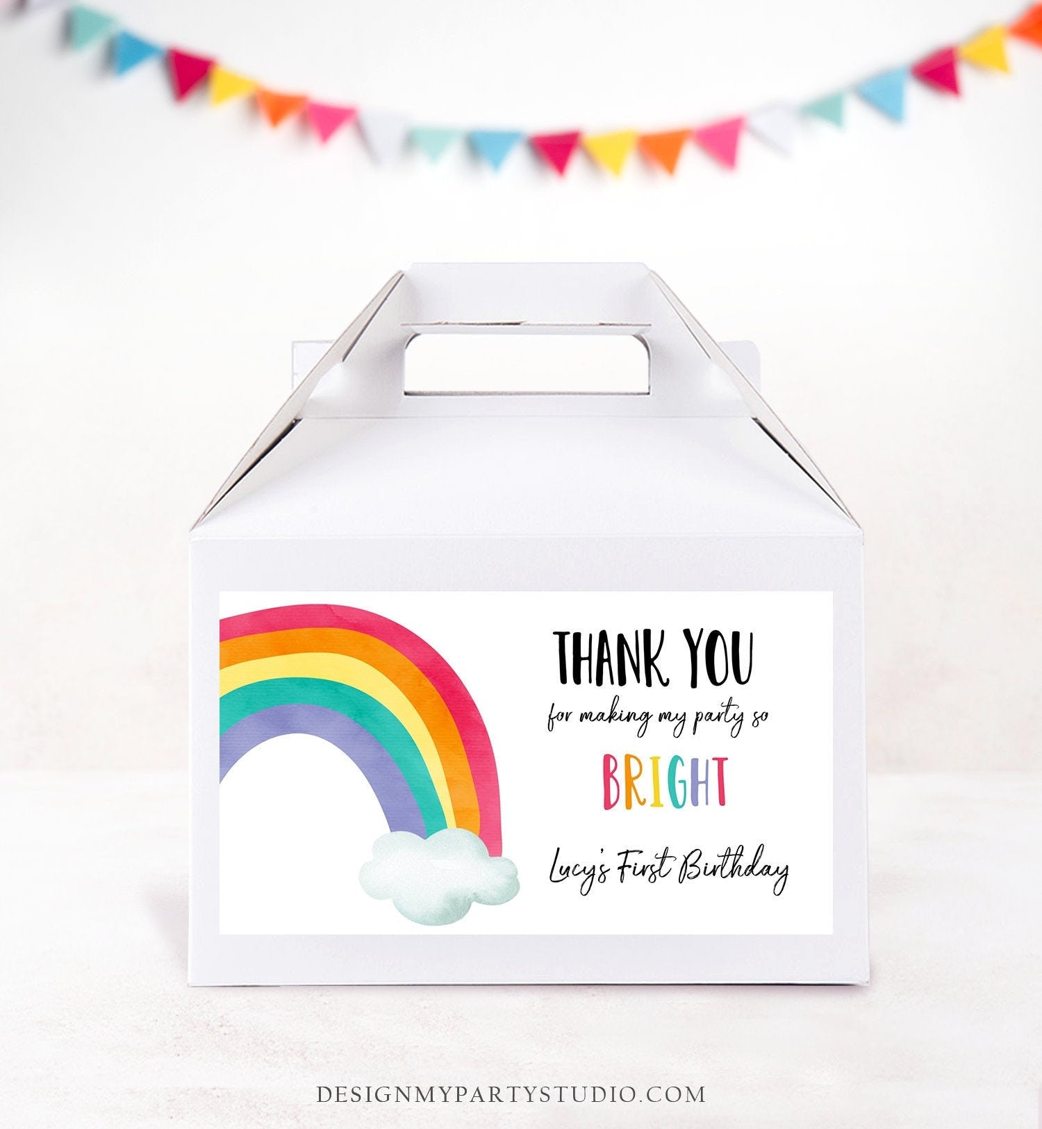 Editable Rainbow Gable Gift Box Label Rainbow Birthday Party Girl Treat Box Label Rainbow Party Favor Download Printable Digital Corjl 0272