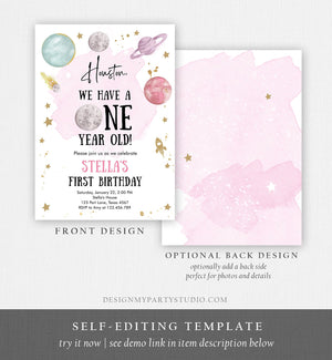 Editable Outer Space First Birthday Invitation Galaxy Houston First Trip Around the Sun One Download Printable Template Digital Corjl 0357