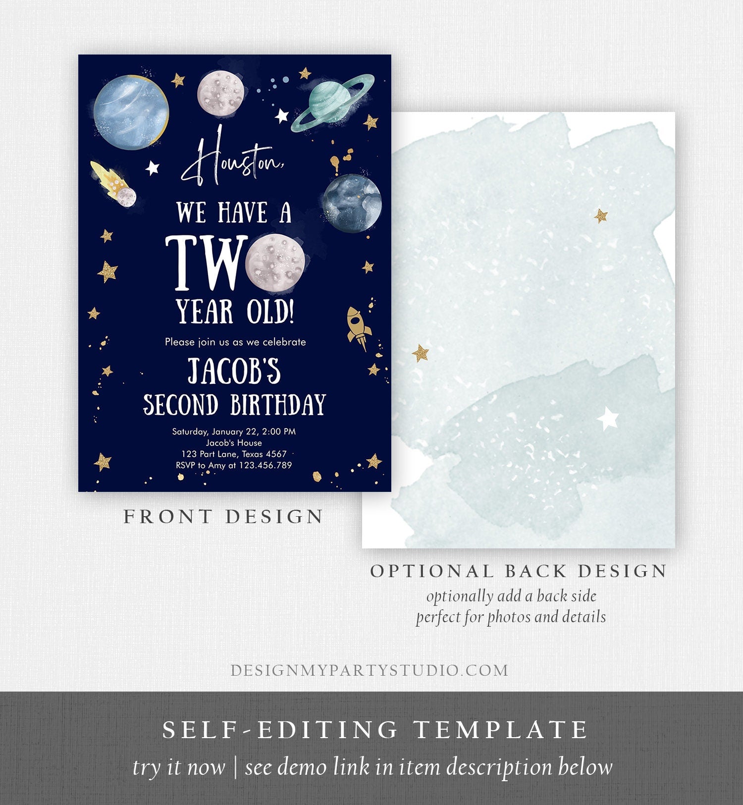 Editable Outer Space 2nd Birthday Invitation Galaxy Houston Two Year Old Second Birthday Boy Download Printable Template Digital Corjl 0357